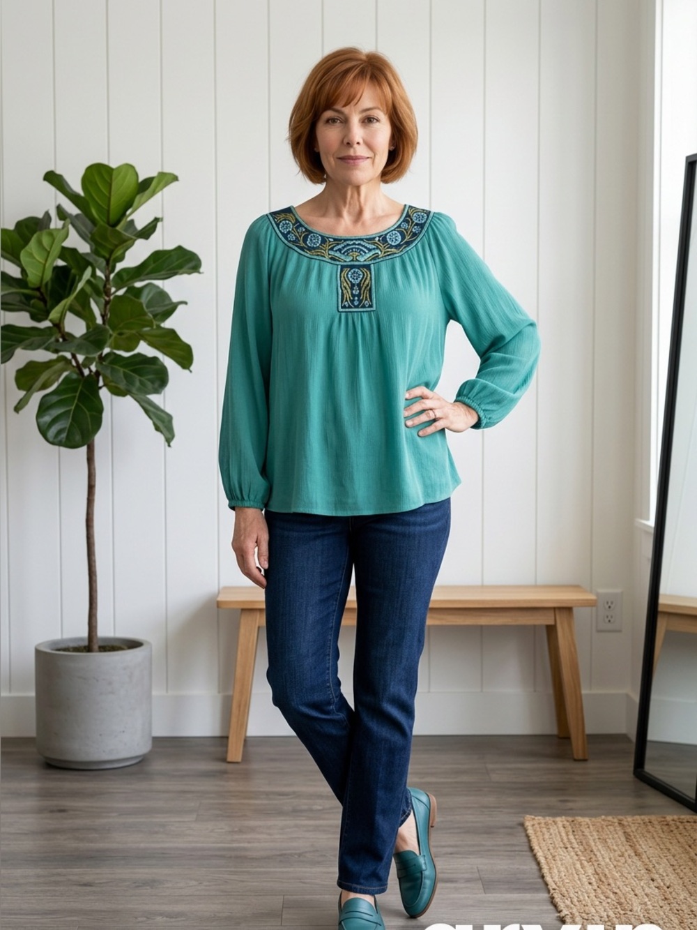 Teal Embroidered Tunic Top
